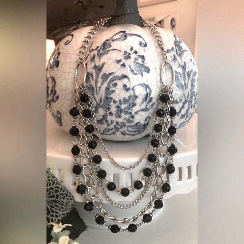 Multi Strand Silver Tone Chain and Black Bead Necklace